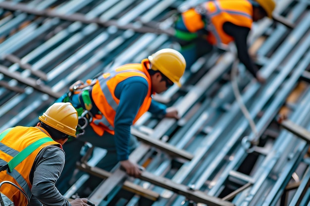 Two workers wearing safety helmets and orange work vests