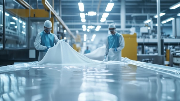 Photo two workers working in a factory with large sheet of plastic