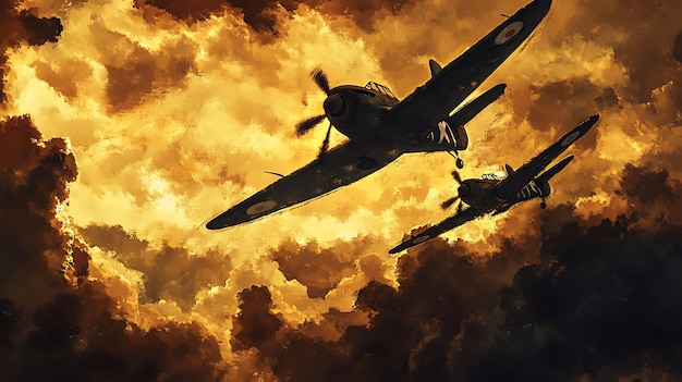 Photo two world war ii era fighter planes flying through golden clouds