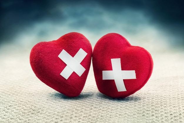 Two wounded hearts with a medical first aid patch united by common problems Heart broken Love and Valentines day concept