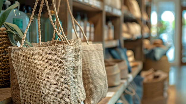 Photo two woven bags hanging on a shelf in a store