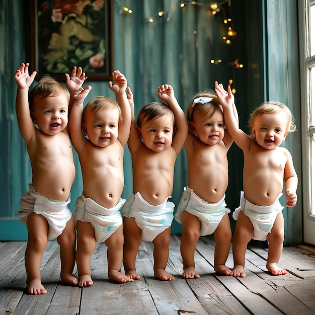 Photo two years babies wearing diapers two hands up and moving hips on the the right dancing together