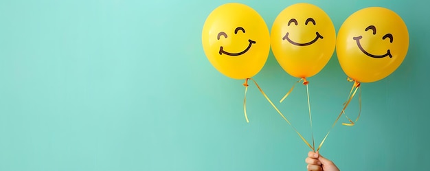 Photo two yellow balloons with smiley faces on them one has a smiley face