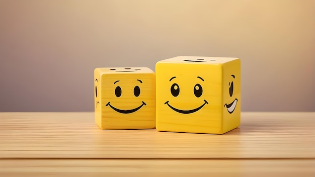 Photo two yellow blocks with one that says smiley faces