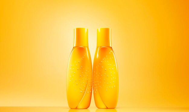 Photo two yellow bottles of lotion bottle on a yellow background