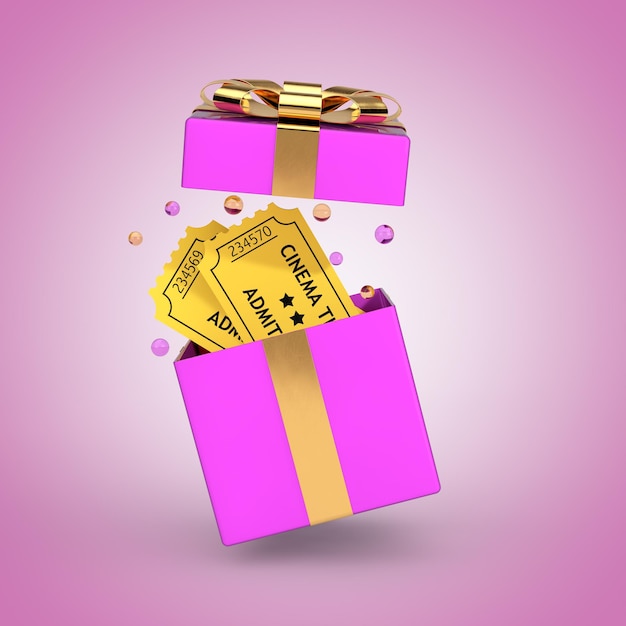 Two Yellow Cinema Tickets in the Pink Gift Box with Gold Ribbon 3d Rendering