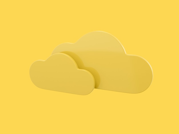 Two yellow clouds mono color on a yellow solid background. Minimalistic design object. 3d rendering icon ui ux interface element.