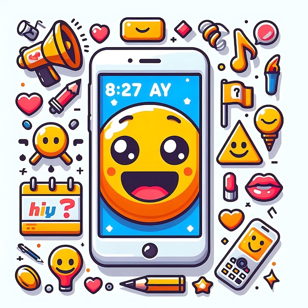 Photo two yellow emojis with hearts and a phone with the words happy day on it