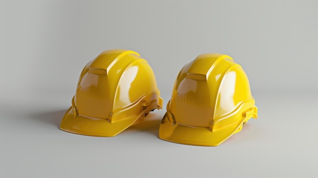 Two yellow hard hats sitting side by side on a flat surface