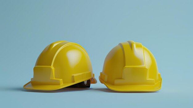 Two yellow hard hats sitting side by side on a flat surface