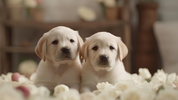 Two yellow labrador puppies in a bathtub with white flowers.