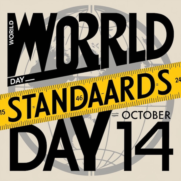 Photo two yellow measuring tapes and bold text with an earth illustration on a white background for world standards day on october 14