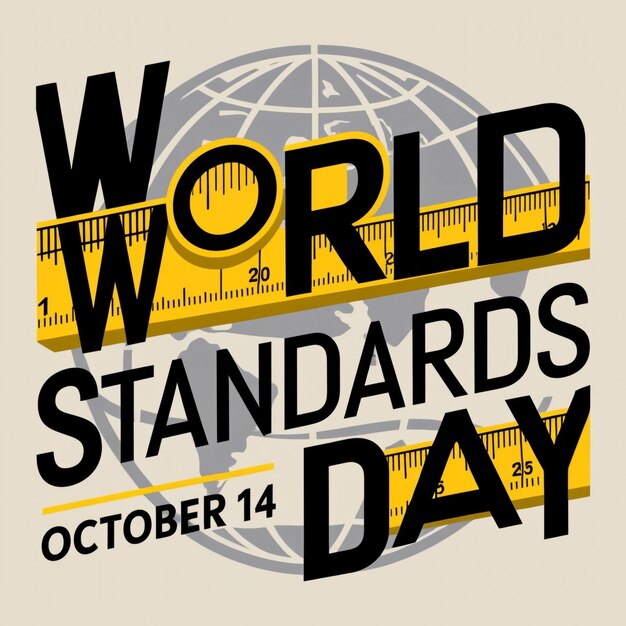 Two yellow measuring tapes and bold text with an earth illustration on a white background for World Standards Day on October 14