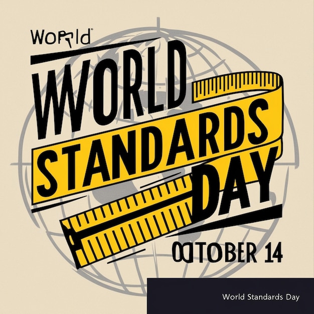 Photo two yellow measuring tapes and bold text with an earth illustration on a white background for world standards day on october 14