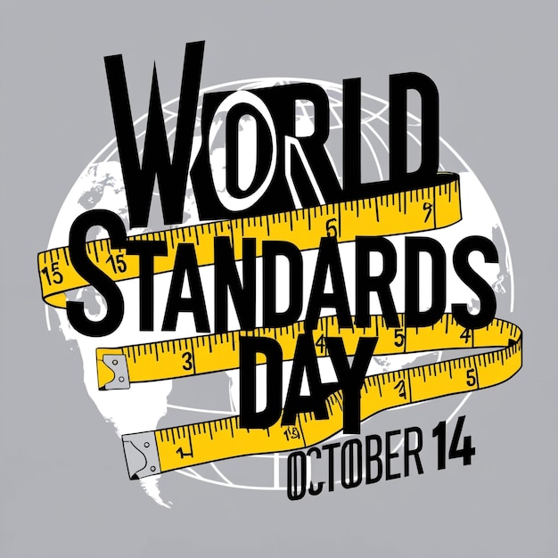 Two yellow measuring tapes and bold text with an earth illustration on a white background for World Standards Day on October 14