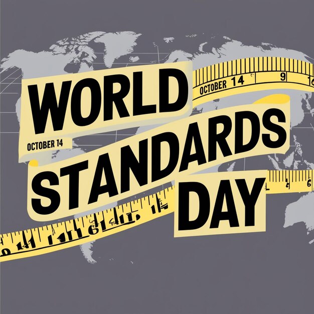 Two yellow measuring tapes and bold text with an earth illustration on a white background for World Standards Day on October 14