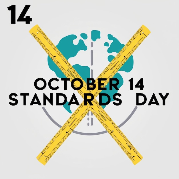 Photo two yellow measuring tapes with bold text and an earth on white background to commemorate world standards day on october 14