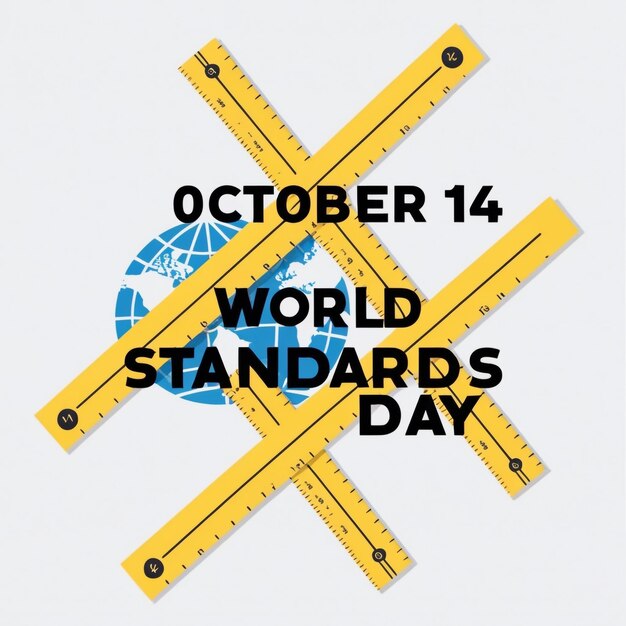 Photo two yellow measuring tapes with bold text and an earth on white background to commemorate world standards day on october 14