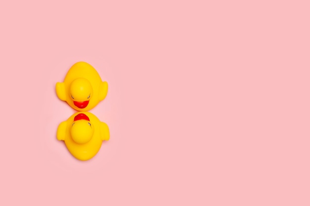 Two yellow rubber toy ducks faced on pink