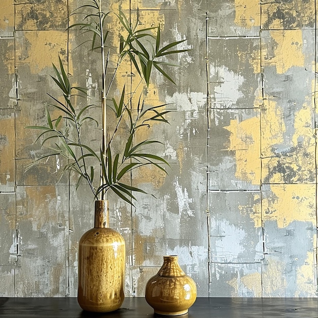 Photo two yellow vases with bamboo and a plant in it