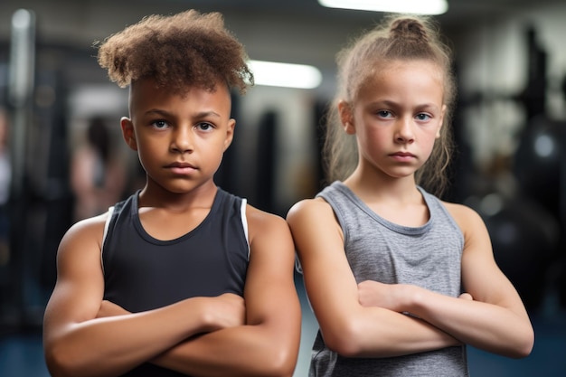 Two young atlethes in workout clothes looking focused and determined created with generative ai