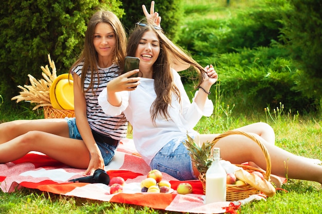 Two young beautiful girls having fun on the picnic, making selfie on a smartphone Close up