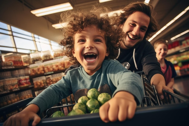 Two young boys having fun at grocery