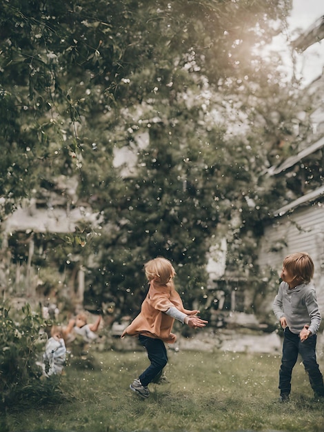 Photo two young boys playing in a backyard with falling snow