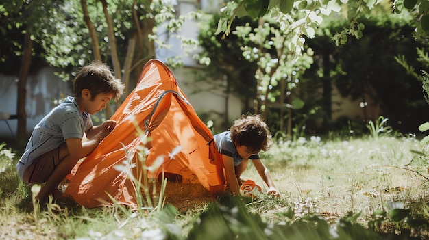 Photo two young boys playing in a tent in the backyard