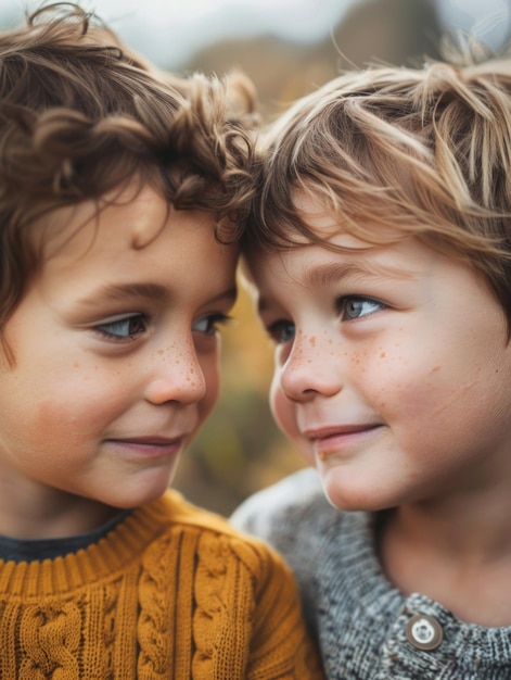 Photo two young boys stand side by side looking friendly and curious