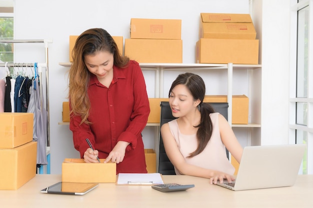 Two young business women are happily discussing online marketing plans in their home office