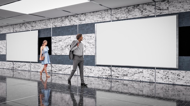 Two young businessmen looking at billboards inside a subway station 3d illustration