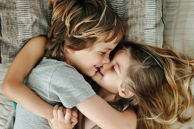 Photo two young children are hugging each other and smiling