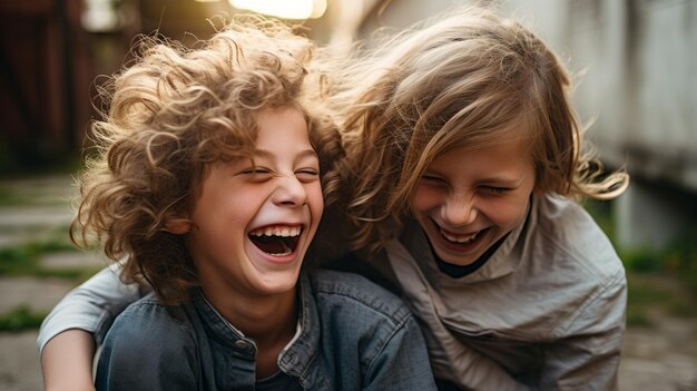 Photo two young children are laughing and hugging each other