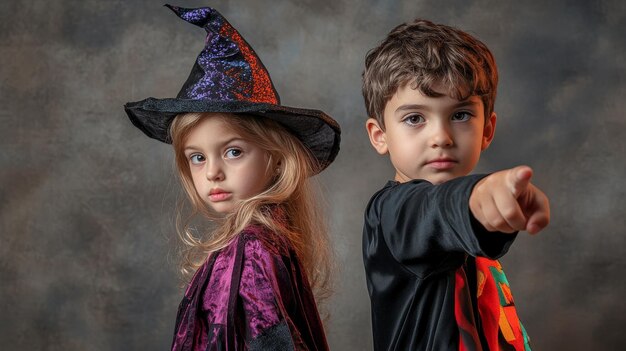 Photo two young children dressed in halloween costumes a girl wearing a witch hat looks to the side