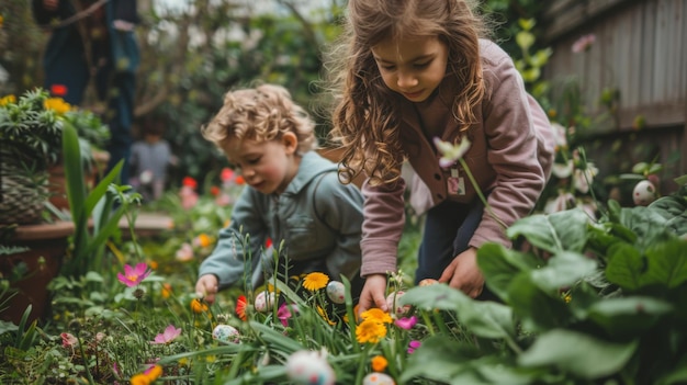 Photo two young children engaging in gardening activities in a vibrant backyard garden filled with flowers