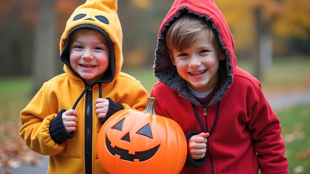 Photo two young children holding pumpkins and looking at camera