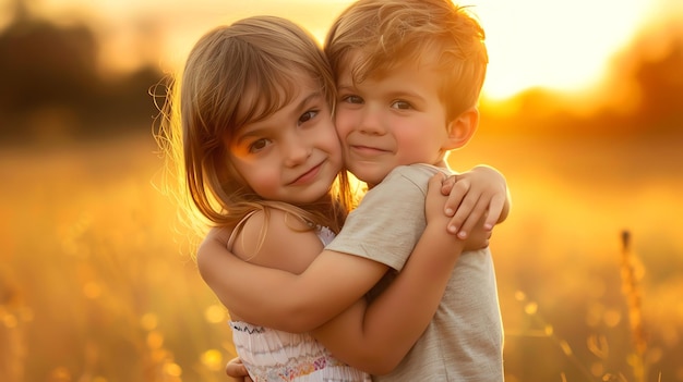 Two young children hugging with a golden sunset behind them