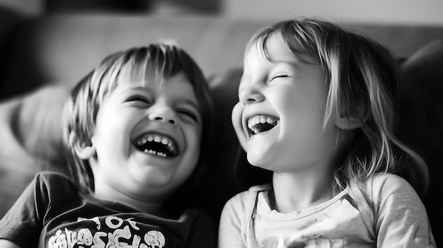 Photo two young children laughing together in black and white