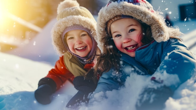 Two young children playing in the snow with snowman in the background Generative AI