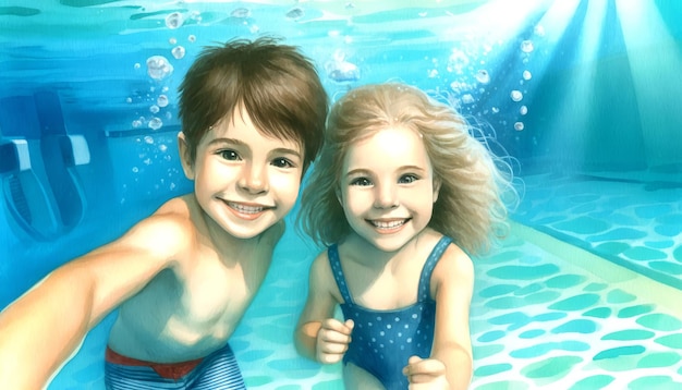 Two young children smiling joyfully in a swimming pool