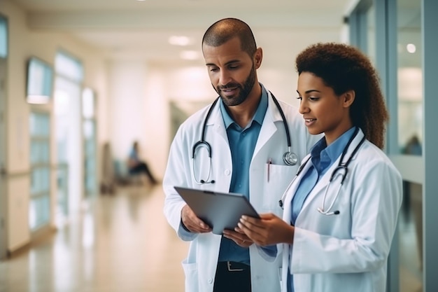 Two Young Doctors Standing in a Medical Facility in the Hospital Generative AI