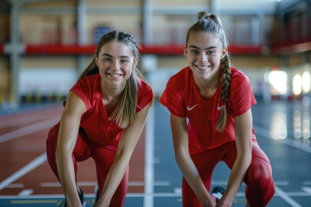 Photo two young female athletes dressed in red sportswear smile confidently at the camera on an indoor track the image has a vibrant and energetic feel sports lifestyle generative ai