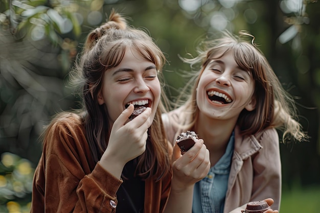 Photo two young female friends laugh and eat chocolate outdoors