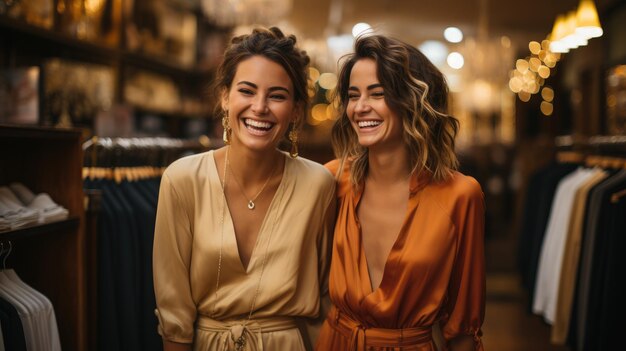 Two young friends happily stand in a boutique clothing store