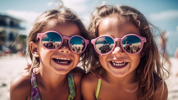 Two Young Girlfriends Posing Wearing Sunglasses Having Fun on the Beach Generatvie AI