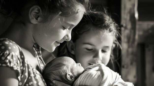 Two young girls cradling a newborn baby in their arms a heartwarming moment of maternal love and care