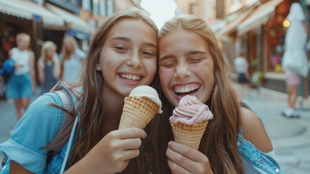 Two young girls enjoying cold treats on a sunny day