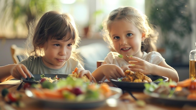 Photo two young girls enjoying a meal together