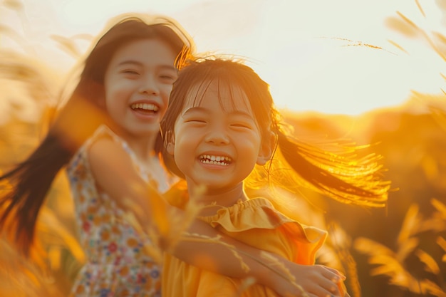 Two Young Girls Laughing Joyously in Sunlit Field Radiating Childhood Innocence and Happiness